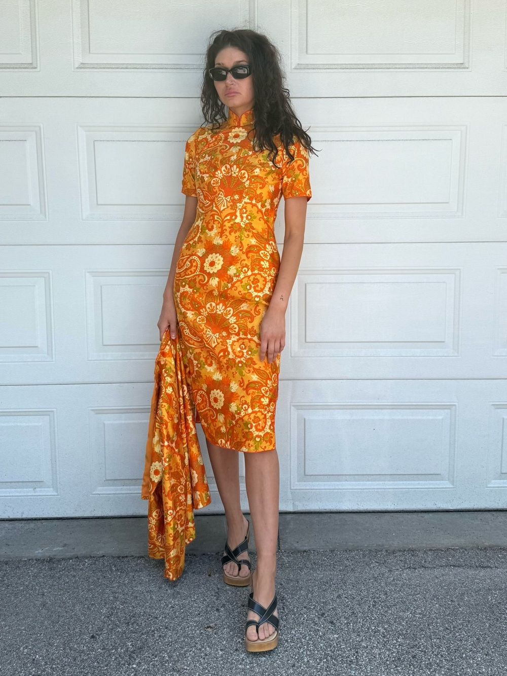 Vintage 60s Orange Raw Silk Floral Midi Dress Cheongsam with Jacket